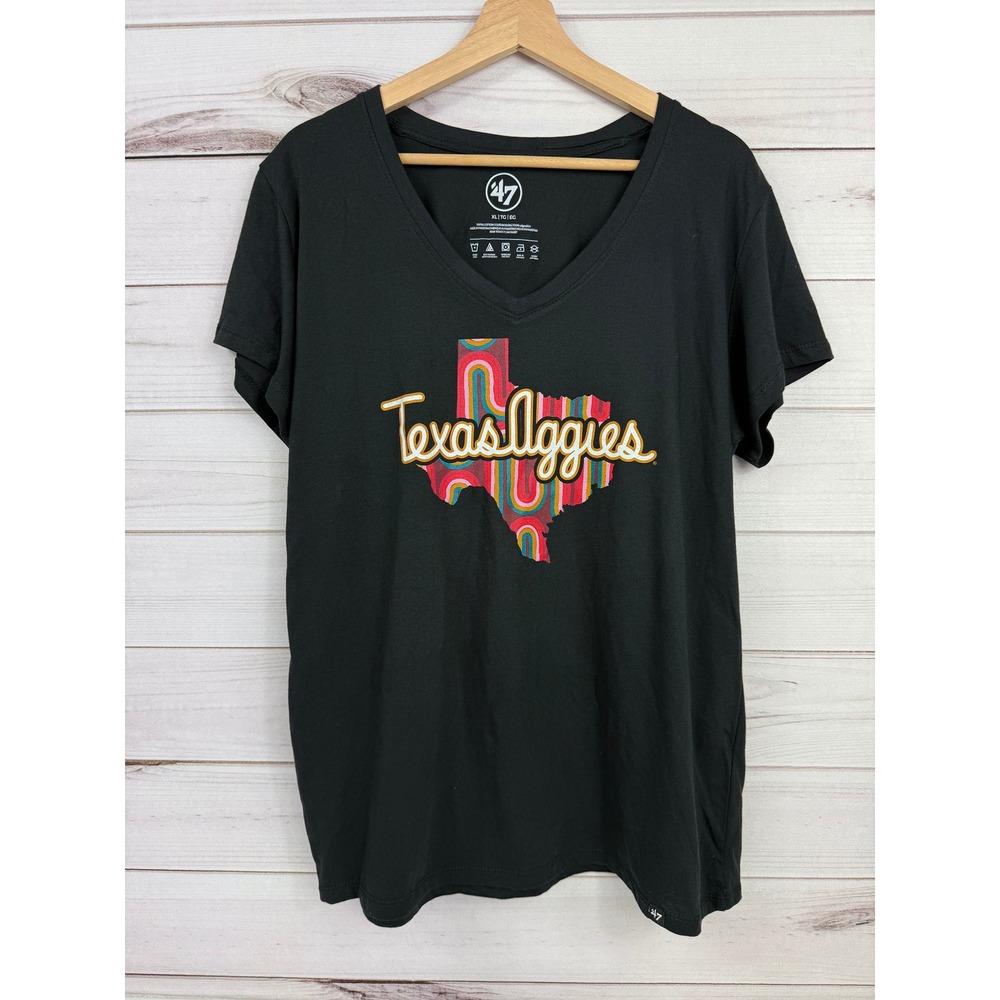 47 Brand Texas Aggies V Neck Black T Shirt Womens XL Cotton‎ Graphic Tee